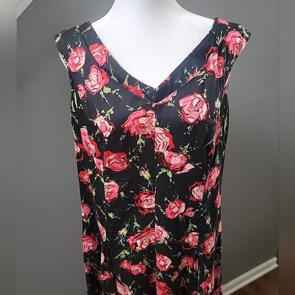 Talbots Black, Red Floral Cap  Sleeve Maxi Flowy Dress Size 14 Prairie Cottage - Picture 2 of 7
